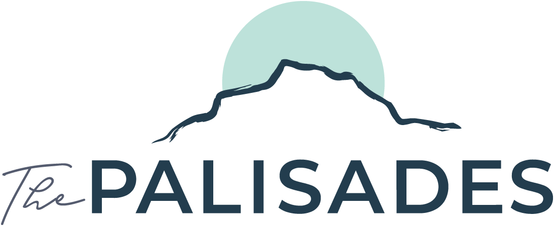 A logo with a mountain and the word "PALISADES" in front of a full moon.